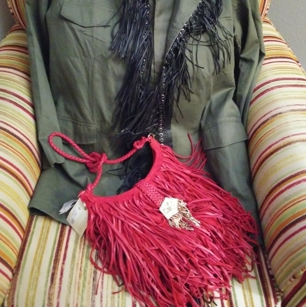 Red genuine leather fringe handbag